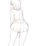  ass bent_over between_legs from_behind greyscale grin hand_between_legs highres jacket long_sleeves looking_at_viewer looking_back monochrome niwatazumi original pleated_skirt short_hair sketch skirt smile solo thighs translation_request white_background 