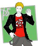  blazer blonde_hair claw_pose clothes_writing green_background hand_in_pocket hand_on_hip jacket looking_at_viewer male_focus outside_border pants persona persona_5 plaid plaid_pants sakamoto_ryuuji school_uniform shirt simple_background sketch solo square t-shirt takeya23 yellow_eyes 