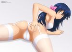  1girl agent_aika ass ass_grab back bangs black_hair blush bra butt_crack cameltoe cleavage closed_mouth delmo deviantart female garter_belt gold_delmo golden_delmo hair_ornament hair_ribbon hand_on_ass highres legs lingerie long_hair looking_at_viewer looking_back lying on_stomach panties pantyshot petoriyacowa_rie ribbon self_fondle simple_background smile solo thighhighs thighs underwear underwear_onlyabsurdres very_long_hair white_panties zel-sama 