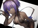  bare_shoulders black_eyes breasts dark_skin fate/grand_order fate/prototype fate/prototype:_fragments_of_blue_and_silver fate_(series) hassan_of_serenity_(fate) knife light_smile looking_up medium_breasts mephist-pheles purple_hair short_hair solo thighs 