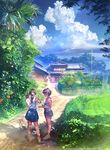  aalge architecture brown_hair camisole cloud day dirt_road east_asian_architecture flower food grass ice_cream long_hair md5_mismatch multiple_girls original rural sandals scenery shoes short_hair shorts skirt sky spider_lily summer twintails 