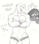  2016 asriel_dreemurr black_and_white clothing male monochrome muscular muscular_male nude pecs shirt slime solo star t-shirt teeth undertale video_games 
