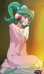  blush_stickers breasts calen_(time_bokan) cleavage clothes_removed green_hair haruyama_kazunori headgear headphones long_hair medium_breasts open_mouth pajamas ponytail seiza sitting solo tearing_up time_bokan_(series) time_bokan_24 