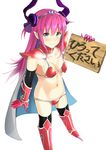  arm_up armor armored_boots bad_feet bad_id bad_pixiv_id bikini bikini_armor black_legwear blue_eyes blush boots breasts cape choker curled_horns elizabeth_bathory_(brave)_(fate) elizabeth_bathory_(fate)_(all) fate/grand_order fate_(series) for_adoption hair_ribbon holding holding_sign horns knee_boots long_hair loose_bikini mugipot navel pauldrons pink_hair pointy_ears red_bikini red_footwear ribbon shoes sign silver_trim simple_background small_breasts solo spiked_shoes spikes standing string_bikini swimsuit thighhighs tiara translated two_side_up vambraces white_background white_cape 