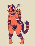  anthro anthrofied barefoot barely_contained blush bulge clothed clothing cute_fangs dialogue english_text feline front_view kapi knock-kneed looking_at_viewer male mammal navel nintendo nipples penis penis_base pok&eacute;mon solo standing talking_to_viewer text thick_thighs thong topless torracat v_sign video_games 