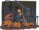  :&lt; autumn_leaves bangs black_background black_legwear blue_eyes boots braid broom brown_footwear brown_hair castle closed_mouth food full_body hair_ornament hair_over_shoulder hairclip halloween hat holding holding_food jack-o'-lantern lantern leaf legs_together lettuce long_hair long_sleeves looking_to_the_side original pantyhose pennant sandwich shirt short_over_long_sleeves short_sleeves sitting sitting_on_object skirt solo string_of_flags striped striped_shirt twin_braids witch witch_hat wu_ba_pin 