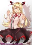  black_legwear blonde_hair blush breasts claw_pose cross-laced_clothes fang fang_out flower frilled_skirt frills granblue_fantasy head_wings highres long_hair long_sleeves looking_at_viewer nekobox one_eye_closed pantyhose petticoat red_eyes revision rose shingeki_no_bahamut shirt skirt small_breasts smile solo vampire vampy white_shirt wings 