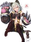  aki_(akikaze_asparagus) animal_ears black_legwear blush breasts claw_(weapon) claws collar erune granblue_fantasy grey_hair heart medium_breasts navel no_shoes one_eye_closed open_mouth pantyhose red_eyes sen_(granblue_fantasy) simple_background smile solo spoken_heart thighband_pantyhose weapon white_background 