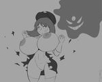  1girl areola areolae breasts female gengar ghost gigantic_breasts haruka_(pokemon) hat huge_areolae huge_breasts large_areola large_areolae large_breasts monochrome nipples pokemon pussy simple_background solo surprised tagme thighhighs torn_clothes wardrobe_malfunction 