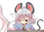  animal_ears blush brown_eyes capelet commentary grey_hair hair_between_eyes hand_on_table long_sleeves mana_(tsurubeji) mouse_ears mouse_tail nazrin one_eye_closed puffy_long_sleeves puffy_sleeves short_hair simple_background sleepy sleeve_tug solo tail touhou upper_body white_background 