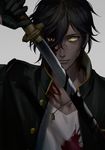  bangs black_eyes black_gloves black_hair black_jacket blood blood_on_face bloody_clothes bloody_weapon closed_mouth gloves grey_background hair_between_eyes hand_up heterochromia holding holding_sword holding_weapon jacket jewelry katana light_smile long_hair looking_at_viewer male_focus multicolored_hair ookurikara open_clothes open_jacket pendant red_hair rowya shadow solo sword touken_ranbu two-tone_hair unbuttoned undershirt unsheathed upper_body v-neck weapon yellow_eyes yellow_pupils 