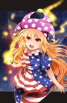  american_flag_dress american_flag_legwear arano_oki arms_at_sides blonde_hair blush clownpiece commentary_request cowboy_shot dress fairy_wings frills hat jester_cap letterboxed long_hair looking_at_viewer neck_ruff open_mouth orange_eyes pantyhose polka_dot print_legwear short_dress short_sleeves solo star star_print striped thick_thighs thighs torch touhou very_long_hair wings 