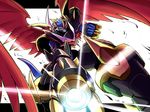  1boy arm_cannon armor bandai digimon energy full_armor highres horns imperialdramon imperialdramon_fighter_mode male_focus monster no_humans red_eyes solo tail weapon wings 