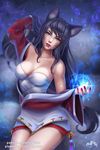  ahri animal_ears artist_name bare_shoulders black_hair breasts cleavage collarbone cowboy_shot energy_ball facial_mark fingernails fox_ears hair_tousle hand_up korean_clothes league_of_legends lipstick long_hair looking_at_viewer makeup medium_breasts mole_on_body nail_polish nose off_shoulder olga_narhova reaching reaching_out red_lips red_lipstick red_nails sarashi signature solo tassel watermark web_address whisker_markings 