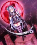  1girl artist_request blush cape full_moon gloves gothic_wa_mahou_otome heike_(gothic_wa_mahou_otome) hood long_hair looking_at_viewer red_eyes red_moon scythe silver_hair skull smile solo standing striped striped_legwear thighhighs weapon 