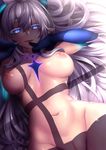  blue_eyes breasts censored diabla_(elsword) elsword fi-san gloves glowing highres horns large_breasts long_hair looking_at_viewer luciela_r._sourcream lying mosaic_censoring navel nipples nude on_back open_mouth pointy_ears pussy solo symbol-shaped_pupils white_hair 