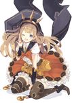  ;d \m/ ankle_scrunchie asymmetrical_legwear bangs belt between_legs black_legwear blonde_hair blunt_bangs blush bow bracer cagliostro_(granblue_fantasy) eyebrows eyebrows_visible_through_hair floating_hair granblue_fantasy hairband halloween halloween_costume hood jack-o'-lantern long_hair looking_at_viewer nanananana no_shoes one_eye_closed open_mouth orange_bow orange_skirt puffy_short_sleeves puffy_sleeves purple_eyes scrunchie shadow shirt short_sleeves simple_background sitting skirt smile solo spikes striped striped_legwear suspenders teeth thighhighs wariza white_background white_shirt zettai_ryouiki 