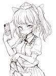  blush calpish cellphone cowboy_shot geta greyscale hair_ribbon hat highres himekaidou_hatate lifted_by_self lineart looking_at_viewer monochrome necktie phone pointy_ears ribbon short_hair short_sleeves skirt skirt_lift solo sweatdrop tokin_hat touhou twintails 