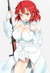  breasts cleavage commentary_request dress getsuyoubi_no_tawawa grey_background gun highres himura_kiseki_(style) izetta large_breasts long_hair looking_at_viewer parody red_eyes red_hair rifle shoujo_donburi shuumatsu_no_izetta simple_background smile solo style_parody thighs weapon white_dress 