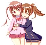  2girls atarashi_ako bare_legs bottomless long_sleeves multiple_girls naked_track_jacket no_panties no_pants nude takakamo_shizuno 