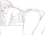  bent_over bra breasts elbow_rest elbows_on_table frilled_panties frills greyscale long_hair looking_at_viewer looking_back medium_breasts monochrome niwatazumi original panties sketch smile solo underwear white_background 