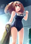  brown_eyes brown_hair drum_(container) fuuki_(te_fuukin) hairband holding i-26_(kantai_collection) jacket jacket_removed kantai_collection lens_flare long_hair looking_at_viewer name_tag one-piece_swimsuit school_swimsuit solo swimsuit triangle_mouth two-tone_hairband two_side_up wet wet_clothes 
