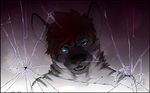  2016 anthro black_border black_lips black_nose blue_eyes border bust_portrait front_view fur gradient_background grey_fur grey_stripes hair hyena looking_at_viewer male mammal mirror open_mouth portrait rainhyena raised_eyebrow red_hair reflection requiembeatz signature simple_background solo striped_fur striped_hyena stripes 