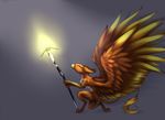  anthro avian beak brown_feathers brown_fur claws digitigrade eyes_closed feathered_wings feathers female fur grey_background gryphon holding_object kneeling nude oksara simple_background solo staff white_fur wings yellow_beak 