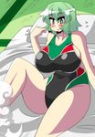  akasode_(tyaramu) blush breasts competition_swimsuit green_eyes green_hair large_breasts one-piece_swimsuit sideboob soga_no_tojiko solo swimsuit tatami touhou 