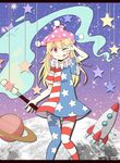  absurdres american_flag_dress american_flag_legwear blonde_hair blush_stickers clownpiece dress fire haruka_(haruka_channel) hat highres holding jester_cap knees_together_feet_apart long_hair moon neck_ruff one_eye_closed pantyhose pink_eyes planet polka_dot ringed_eyes short_dress short_sleeves sky solo space_craft star star_(sky) star_print starry_sky striped tongue tongue_out torch touhou twitter_username v 