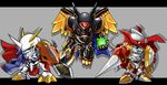  3boys alphamon armor bandai chibi digimon dukemon full_armor horns male_focus monster multiple_boys no_humans omegamon royal_knights weapon 