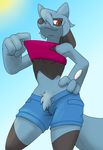  anthro black_fur blue_fur brown_eyes clothing crotch_tuft female fur jackalen_irunfis nintendo pok&eacute;mon riolu shorts simple_background sinful-spector smile solo unbuttoned video_games 