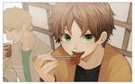  2016 2boys bangs beef biting black_shirt blurry border brown_hair character_name chopsticks collared_shirt cup curry_gohan dated depth_of_field drinking_glass eating english eyelashes food food_in_mouth green_eyes happy_birthday highres holding indoors izumi_kouhei looking_at_viewer male_focus midorikawa_shun multiple_boys open_clothes open_shirt profile school_uniform shirt sliding_doors talking translation_request undershirt white_border white_shirt world_trigger 