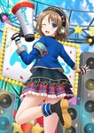  ;d armband back blue_eyes blurry brown_hair confetti depth_of_field fingerless_gloves gloves headphones highres holding kazenokaze looking_at_viewer love_live! love_live!_school_idol_festival love_live!_sunshine!! megaphone one_eye_closed open_mouth plaid plaid_skirt pleated_skirt short_hair skirt smile solo speaker stage stage_lights standing standing_on_one_leg watanabe_you 
