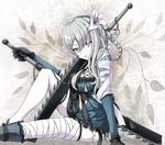  bandages braid breasts cleavage downscaled flower hair_flower hair_ornament kaine_(nier) large_breasts lily_(flower) long_hair looking_at_viewer md5_mismatch nier nier_(series) parted_lips resized silver_hair single_braid sitting solo sword tk8d32 weapon white_skin 