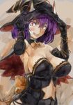  alternate_costume bare_shoulders black_gloves blush breasts cleavage costume elbow_gloves fang gloves hat large_breasts looking_at_viewer navel_cutout open_mouth purple_hair red_eyes smile solo star star_cutout touhou upper_body witch_hat yasaka_kanako yohane 