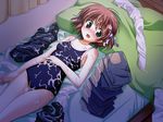  1girl :o blue_swimsuit blush cum cum_on_body curtains from_above looking_at_viewer looking_up lying on_back on_bed open_mouth pillow red_hair school_swimsuit short_hair solo swimsuit thighhighs thighhighs_removed white_legwear window 