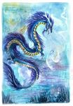  blue_hair dragon eastern_dragon feral hair horn isvoc nude open_mouth painting solo teeth tongue traditional_media_(artwork) 