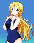  ayase_eli blonde_hair blue_background blue_eyes blue_swimsuit competition_school_swimsuit covered_navel hair_down long_hair looking_at_viewer love_live! love_live!_school_idol_project one-piece_swimsuit school_swimsuit solo standing swimsuit wewe 