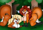  2016 all_fours anthro benji-fox big_breasts blonde_hair breasts canine celine_foxx duo featureless_breasts female forest fox fur grass green_eyes hair long_hair looking_at_viewer mammal nude orange_fur outside pose red_hair sheila_vixen smile tree tuft 