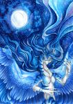  anthro blue_eyes blue_fur blue_hair dragon feathered_dragon feathers fur furred_dragon hair isvoc moon night nude outside solo spread_wings traditional_media_(artwork) white_fur wings 