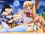  3girls :d barefoot bikini black_hair blonde_hair castle character_request dress dress_lift fan fanning fanning_face fanning_self feet fish full_moon glasses gloves hair_flower high_heels hime_cut japanese kodomo_no_jikan leg_garter long_hair looking_at_viewer mermaid moon multiple_girls night official_art open_mouth seaweed shell_bikini shoes single_shoe smile text toenails toes white_gloves white_shoes 