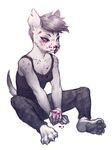  anthro black_eyes blood blood_on_clothes bruised claws clothed clothing crookedtrees female fur grey_fur grey_hair hair inner_ear_fluff mammal nosebleed pants pawpads shirt simple_background sitting solo white_background 