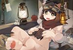  apple book cat cub detailed_background eyewear feline food fruit goggles kemono key lantern looking_at_viewer lying mammal mostly_nude nekojita on_back open_mouth pillow scarf solo star young 