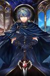  blue_eyes blue_gloves blue_hair constellation fire_emblem fire_emblem:_monshou_no_nazo gloves highres holding holding_sword holding_weapon looking_at_viewer machi_wt male_focus marth solo sword weapon 