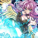  angel angel_wings archangel_metatron_(p&amp;d) bangs bare_shoulders black_dress blue_eyes breasts bridal_gauntlets choker cleavage closed_mouth collarbone dress eyebrows eyebrows_visible_through_hair feathered_wings hair_between_eyes holding long_hair magic medium_breasts pink_hair puzzle_&amp;_dragons quill socha solo tsurime twitter_username wings 