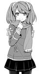  arm_behind_back blush comfy commentary cowboy_shot greyscale kantai_collection long_sleeves looking_at_viewer monochrome nagomi_(mokatitk) pantyhose pleated_skirt ribbon ryuujou_(kantai_collection) scarf simple_background skirt smile solo twintails white_background 
