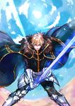  armor artist_name blonde_hair cape excalibur_galatine fate/extra fate/grand_order fate_(series) fur_trim gauntlets gawain_(fate/extra) gawain_(fate/grand_order) glowing glowing_sword glowing_weapon greaves green_eyes highres looking_at_viewer male_focus solo sun sword weapon 