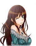  atelier_(series) atelier_totori black_eyes breasts brown_hair cecilia_helmold cleavage collarbone hair_ornament jewelry k2 long_hair looking_at_viewer medium_breasts necklace one_eye_closed simple_background smile solo upper_body white_background 