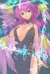  angel angel_wings aqua_background aqua_eyes archangel_metatron_(p&amp;d) bangs bare_arms black_dress breasts choker cleavage closed_mouth dress feathered_wings frown hair_between_eyes long_hair looking_away machiko_(machicoillust) medium_breasts multicolored multicolored_wings pink_hair purple_wings puzzle_&amp;_dragons side_slit sketch solo wavy_hair wings yellow_wings 